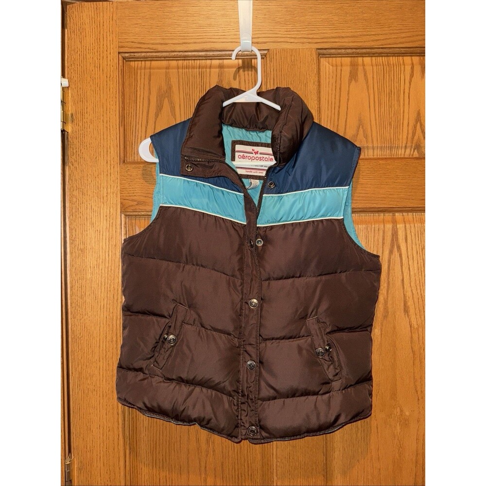 Y2K Down Waterfowl Puffer Vest Aeropostale Vtg Look Women's Mocha Blue Teal Lg